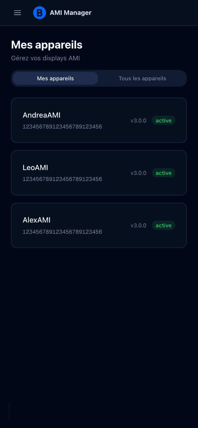 DriveX Manager sur mobile — gestion des appareils (firmware, statut en ligne)