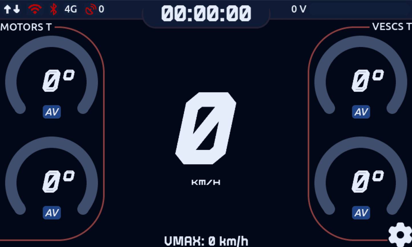Écran 5" du DriveX Pro en mode nuit : vitesse, batterie, températures moteurs et contrôleurs, chrono