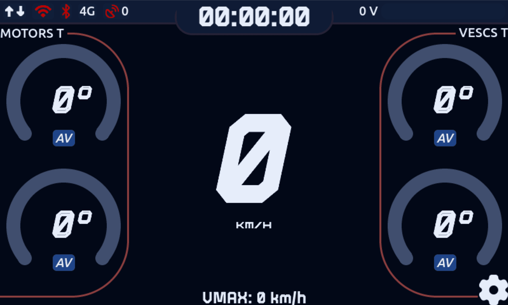 Écran 5" du DriveX Pro en mode nuit : vitesse, batterie, températures moteurs et contrôleurs, chrono